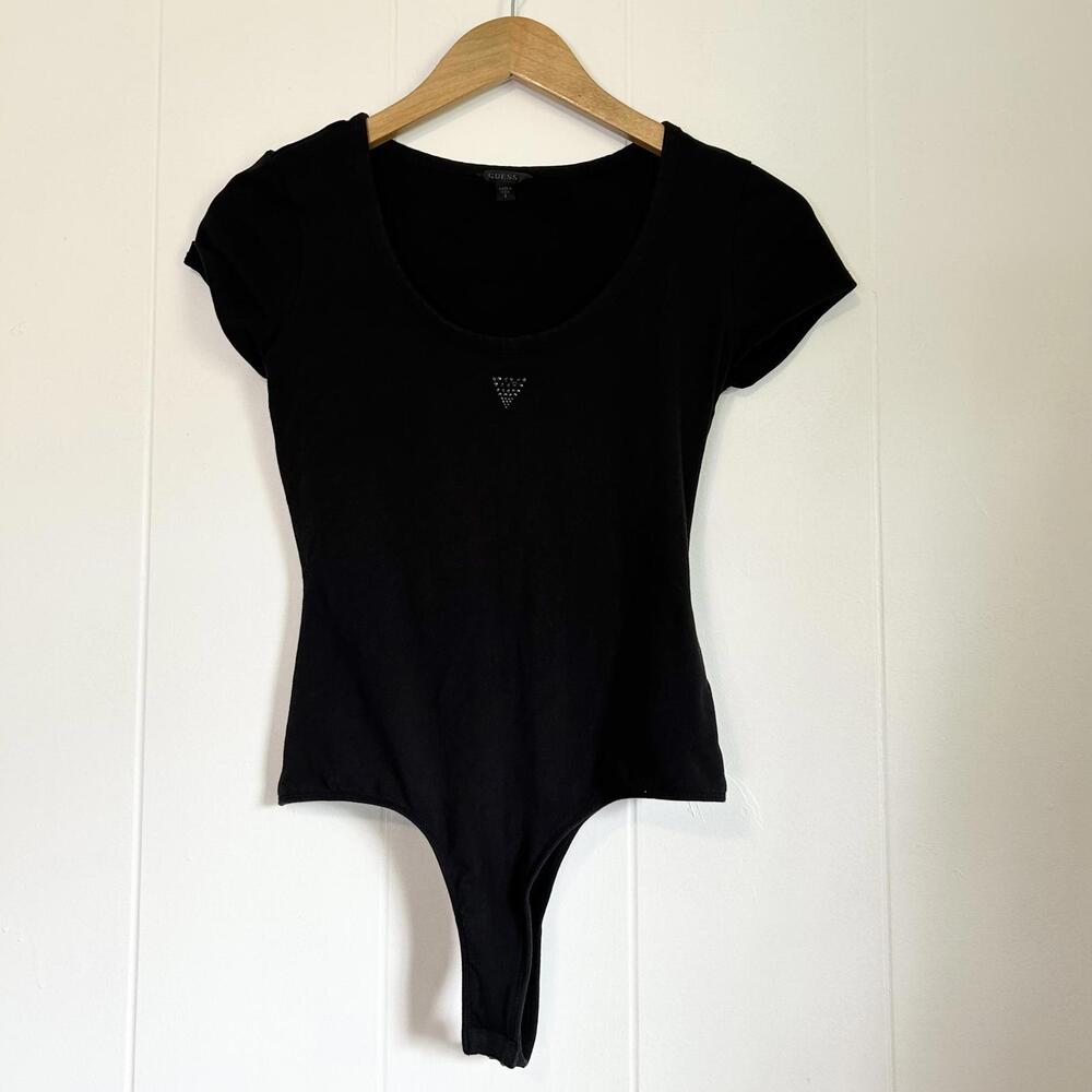 Guess Black Bedazzled Short Sleeve Bodysuit One Piece Women's Small